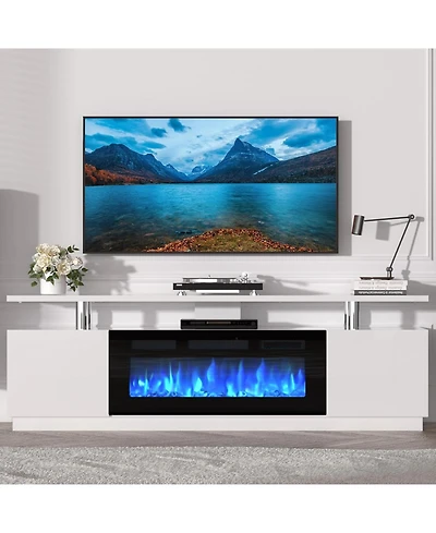 Gaomon 70" Fireplace Tv Stand with 36" Electric Fireplace Insert, 12 Led Colors, 750W/1500W, Remote Control, 2-Tier Storage, Fits TVs Up to