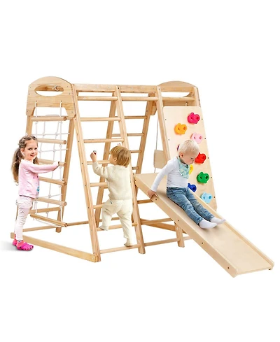 Mecale 7-in-1 Indoor Jungle Gym, Wooden Climbing Playset w/ Ladders, Net, Swing, Monkey Bars, Slide & Wall