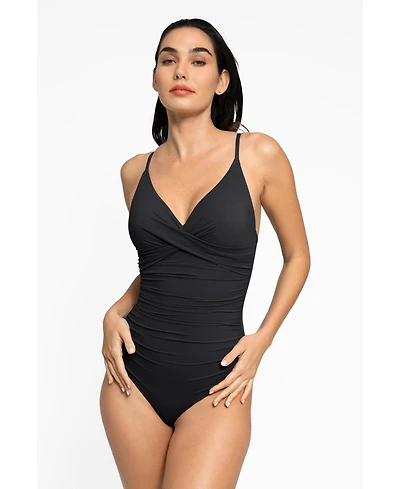 Popilush Women's Shapewear Ruched Cross-Front Sculpting One-Piece Swimsuit