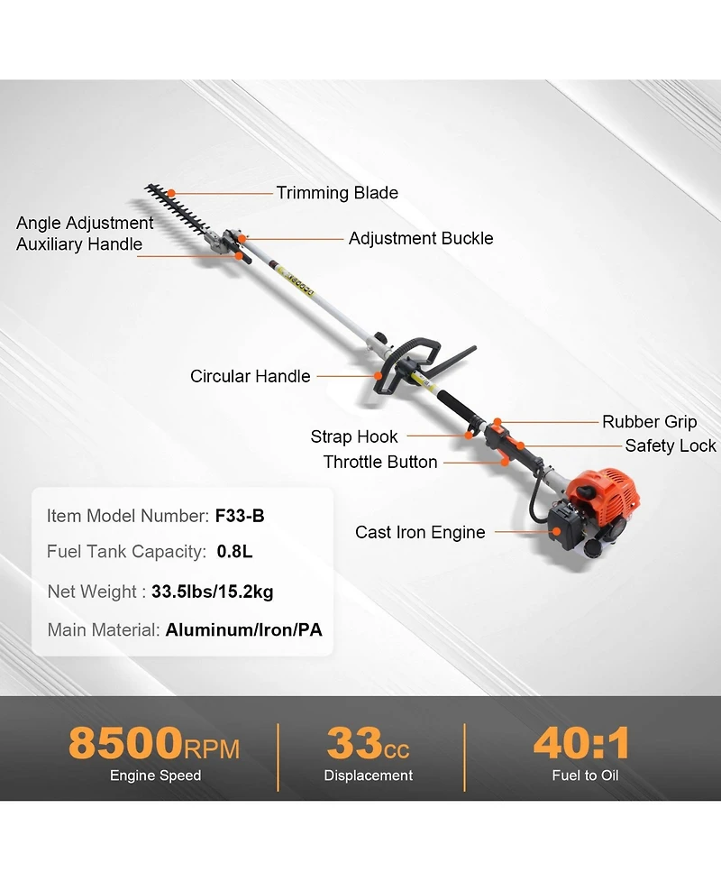 Mecale 33CC 6-in-1 Gas Trimming Tool Set, Hedge Trimmer, String Trimmer, Brush Cutter, Edger, Pole Saw, Chainsaw Pruner, Extension Pole