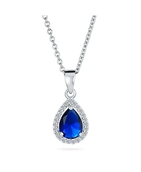 Bling Jewelry 5CT Solitaire Teardrop Halo Sapphire Blue Cz Pendant Necklace Silver Plated