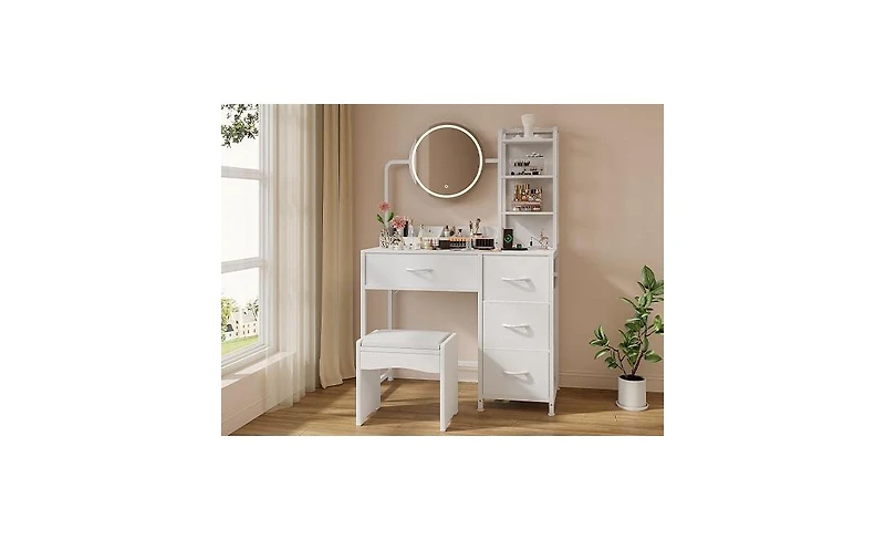 gaomon Vanity Desk with Mirror and Lights, Wood Dressing Table 4 Fabric Drawers, Makeup Hair Dryer Rack for Bedroom Room
