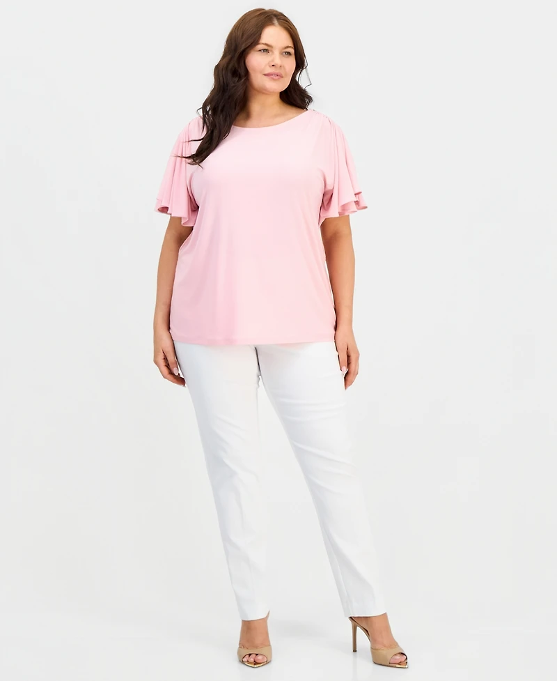 Anne Klein Plus Crewneck Cascade-Flutter-Sleeve Top