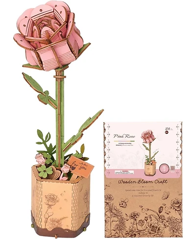 Robotime 3D Wooden Flower, Pink Rose TW041 Diy Craft Kit for Adults, Floral Decor for Table, Centerpiece, Gift for Women