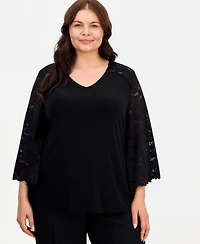 Kasper Plus Lace Bell-Sleeve V-Neck Top
