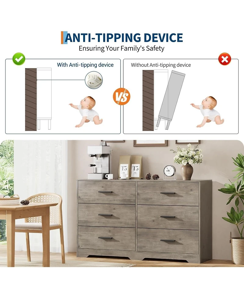 gaomon Dresser for Bedroom with 6 Drawers, Modern Chest of Drawers with Metal Handle, Wooden Dresser Tv Stand