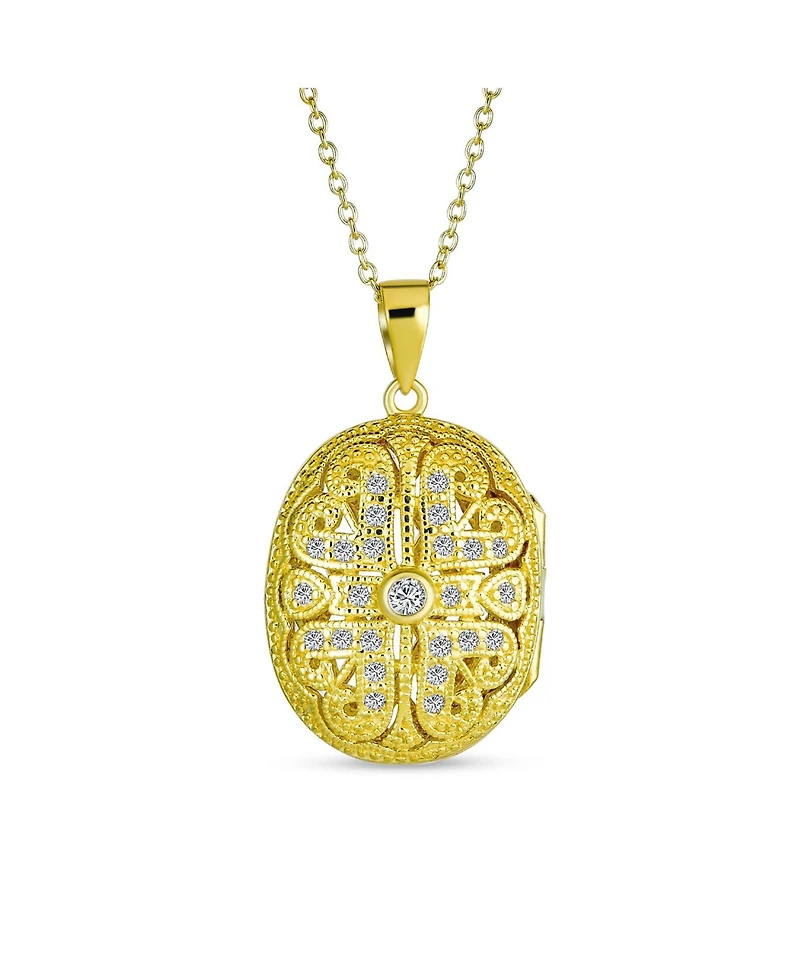 Bling Jewelry Antique Style Heart & Clover Oval Locket Necklace Gold Plated Sterling Silver