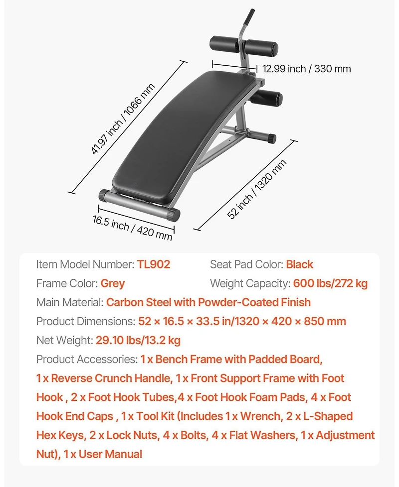 Mecale Sit Up Bench, Curved Decline Ab Bench with Reverse Crunch Handle and 6 Height Settings, 600 lb Capacity for Home Gym