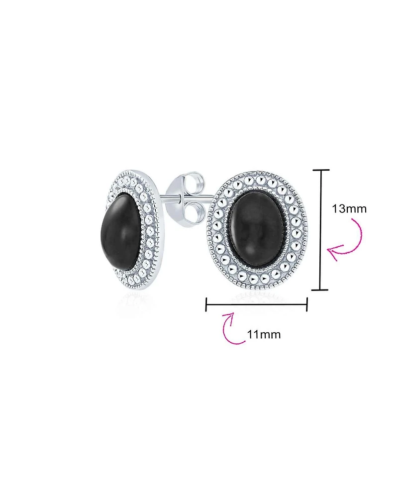 Bling Jewelry Classic Black Onyx Milgrain Bezel Halo Oval Stud Earrings .925 Sterling Silver