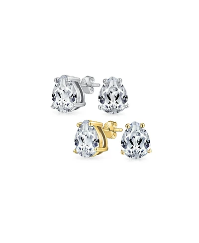 Bling Jewelry Set of 2 Pear Shape Cz Stud Earrings Teardrop Solitaire Gold Sterling Silver 6MM