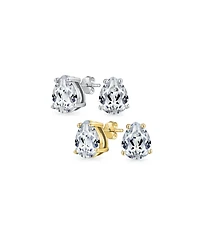 Bling Jewelry Set of 2 Pear Shape Cz Stud Earrings Teardrop Solitaire Gold Sterling Silver 6MM