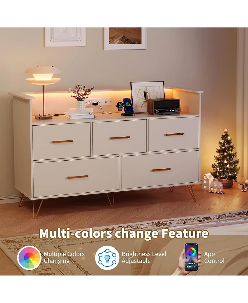 gaomon 5 Drawer Dresser for Bedroom, 47 Modern Wooden with Led Lights & Charging Station