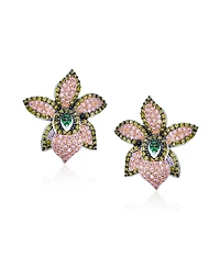 Bling Jewelry 3D Floral Pave Cz Statement Green Pink Orchid Flower Earrings Cubic Zirconia Silver Plated