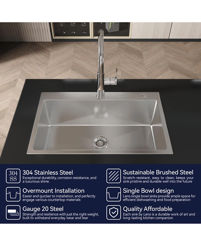 flynama 30x19inch Brushed Nickel Stainless Steel Kitchen Sink Single Bowl Overmount Handmade