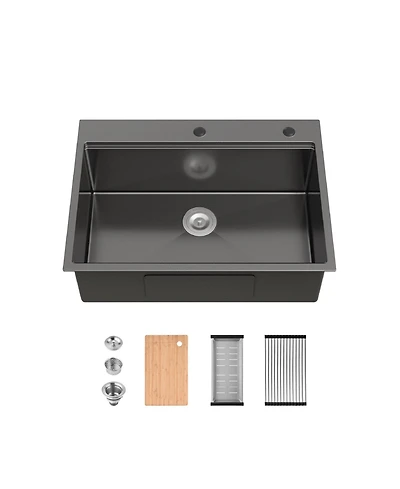 flynama 30x22inch Black Stainless Steel Kitchen Sink Single Bowl Overmount Handmade