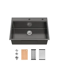 flynama 30x22inch Black Stainless Steel Kitchen Sink Single Bowl Overmount Handmade