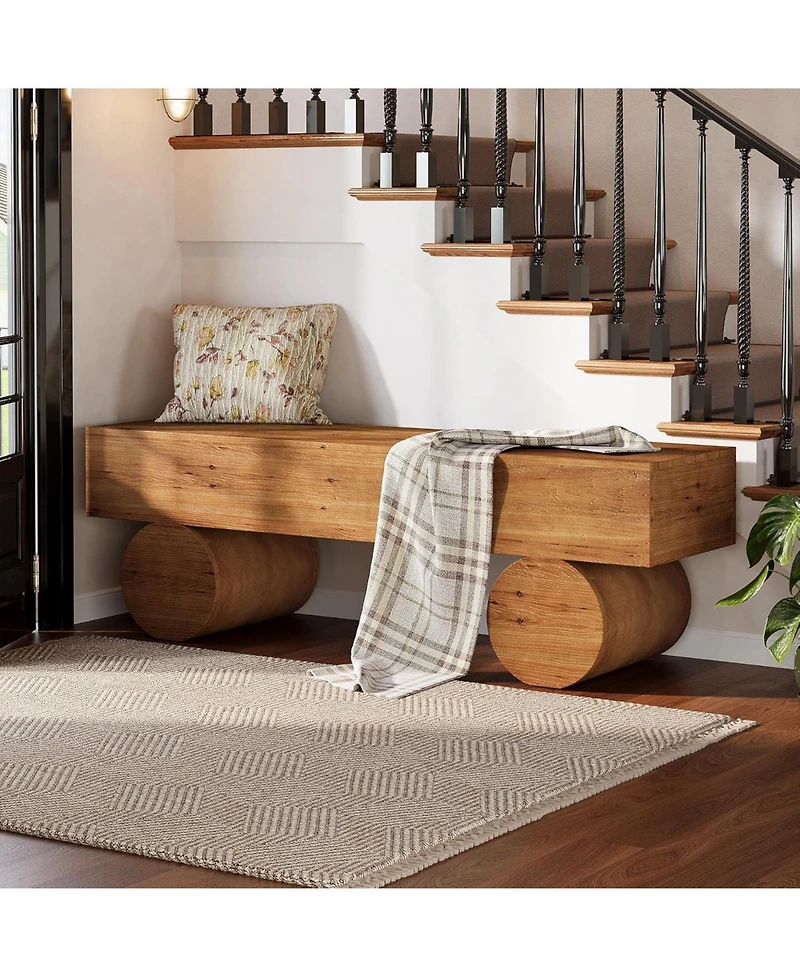 Tribesigns Solid Wood Entryway Bench, 59" Farmhouse Narrow Shoe Bench Seat with Thickened Seat & Cylindrical Legs, Indoor End of Bed, Brown