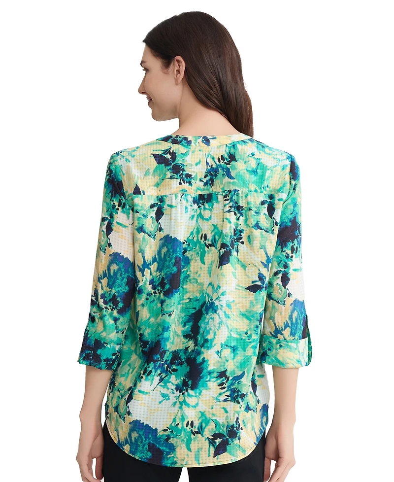 Jones New York Women's V-Neck Roll-Up Sleeve Tabs Tunic Top