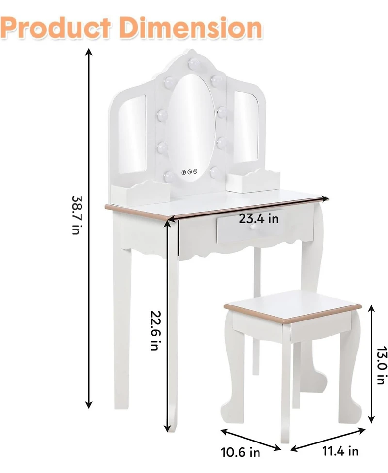 gaomon Kids Vanity Set with 3 Mirrors, Pretend Play Girls Table and Chair Lighted Mirror, Stool, Wood Makeup Playset