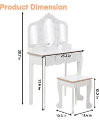 gaomon Kids Vanity Set with 3 Mirrors, Pretend Play Girls Table and Chair Lighted Mirror, Stool, Wood Makeup Playset
