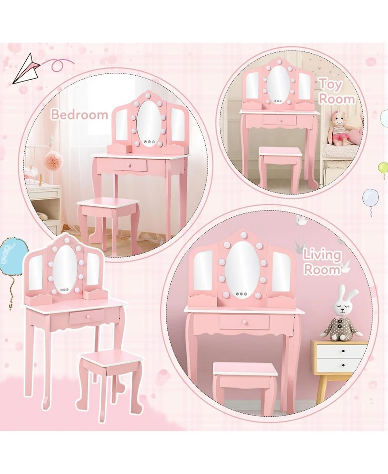 gaomon Kids Vanity Set with 3 Mirrors, Pretend Play Girls Vanity Table and Chair Set with Lighted Mirror, Stool, and Wood Makeup Playset