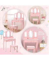 gaomon Kids Vanity Set with 3 Mirrors, Pretend Play Girls Vanity Table and Chair Set with Lighted Mirror, Stool, and Wood Makeup Playset
