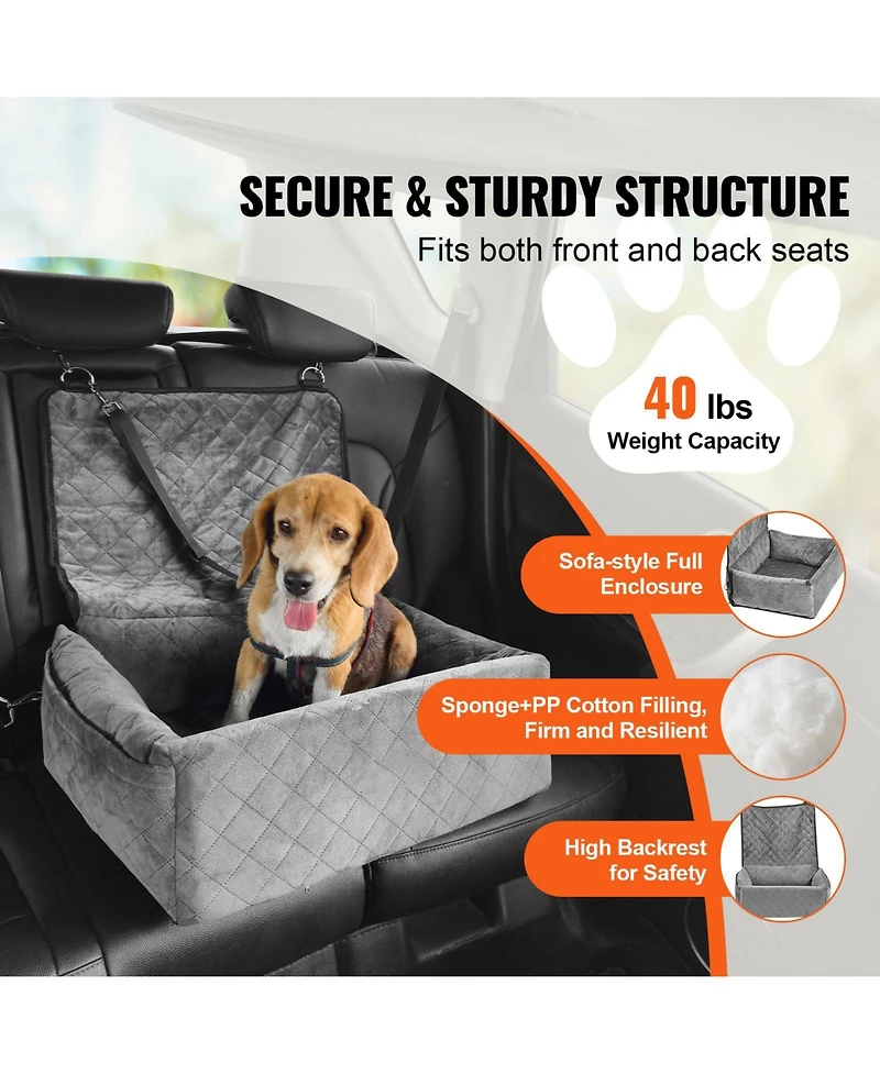 Cozito Dog Car Booster Seat w/ Storage Pocket & Safety Leash, Sponge + Pp Cotton Fill, Dog Car Bed for Small/Medium Dogs up to 40 lb, Gray