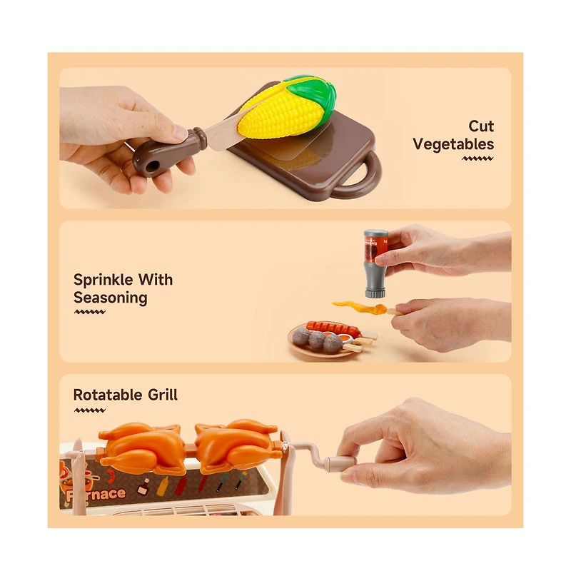 Bruce & Shark 36-Piece Grill & Cook Playset for Kids with Realistic Mist Spray & Sizzle Sound for Pretend Bbq