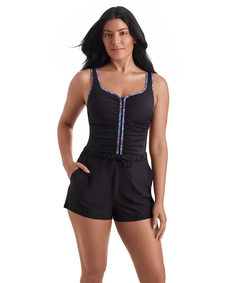 ShapeSolver Women's Shirred Scoop Neck Swim Top & Shorts, 2-Piece Set