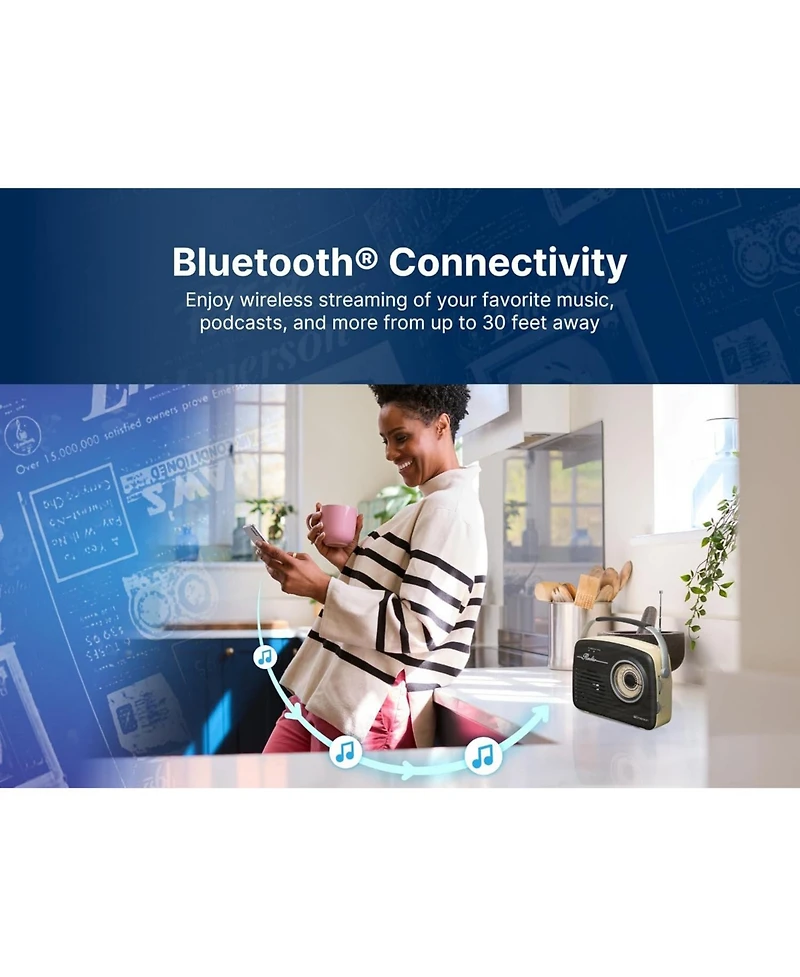 Emerson Eas-3002 Portable Bluetooth Speaker Retro Radio with Am/Fm Tuner, Usb/Aux Inputs