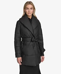 Andrew Marc Women's Adela Pillow Collar Faux Leather Wrap Coat