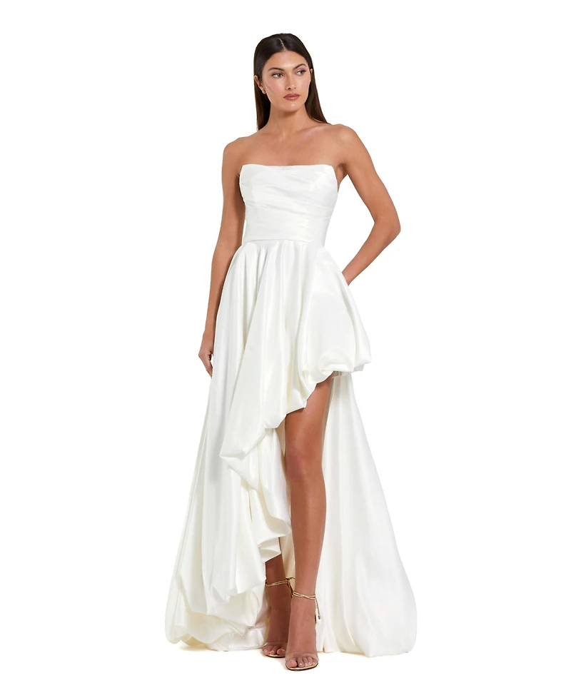 Mac Duggal Petite Strapless High-Low Satin Gown with Draped Skirt