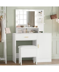 gaomon Vanity Desk with Mirror and Light Bulbs, Makeup Table with Open Shelves and Drawers