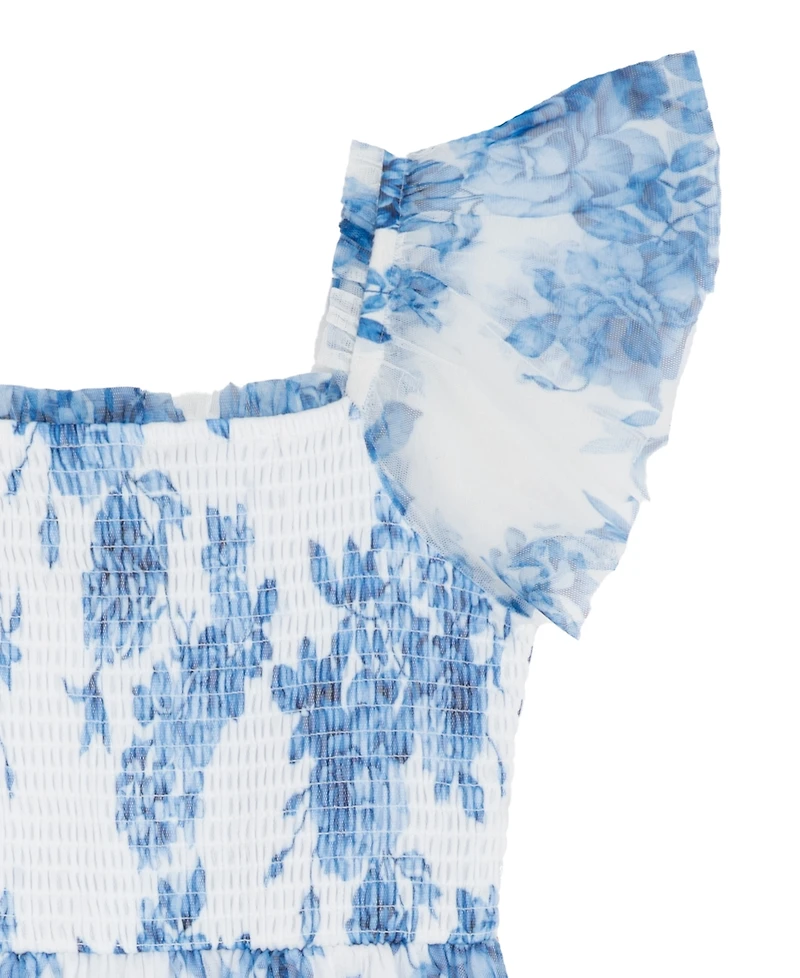 Rare Editions Girls' 7-16 Floral Mesh Smocked Square Neck Dress