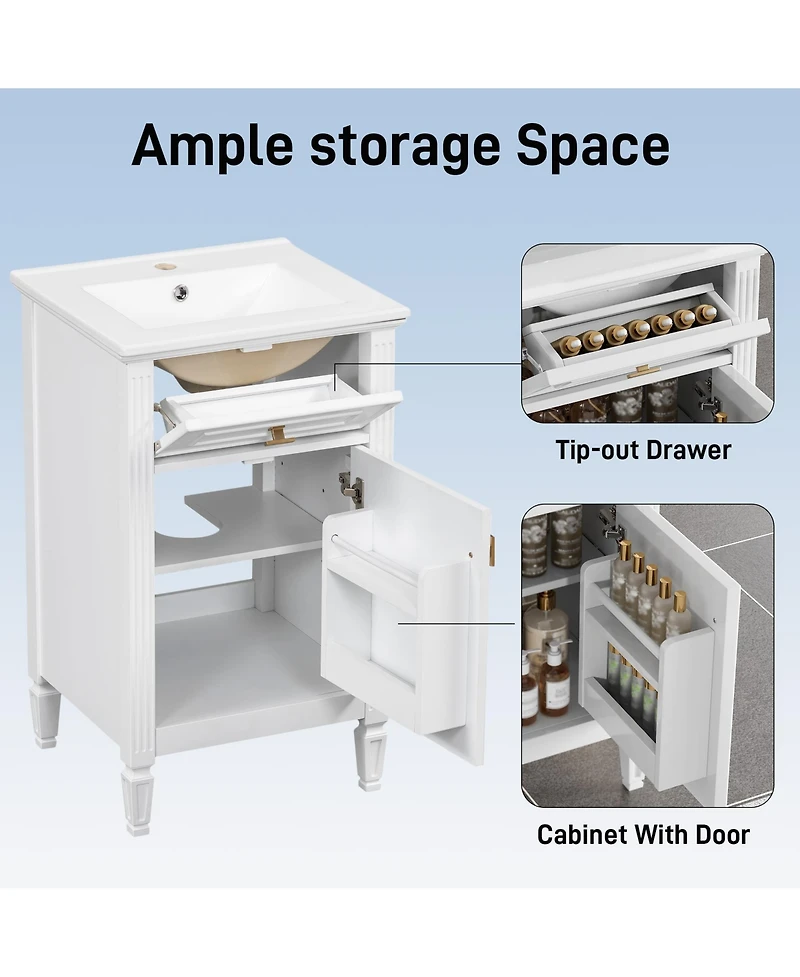 Cesicia 20 in. Freestanding Bathroom Vanity Cabinet with Sink, Solid Wood Legs, Adjustable Shelf, Tilt-Out Drawer for Small Bathroom