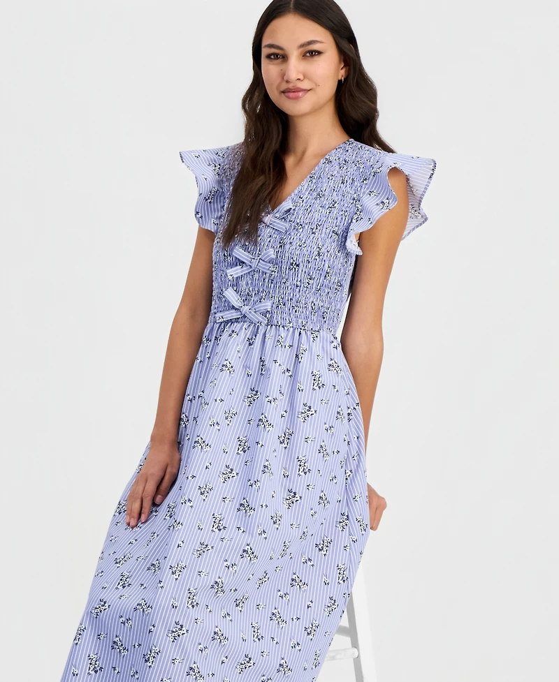 Robbie Bee Women's Printed Smocked Flutter Sleeve Midi Dress