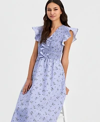 Robbie Bee Women's Printed Smocked Flutter Sleeve Midi Dress