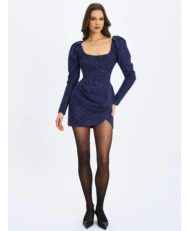 Miss Circle Women's Denise Navy Tweed Ruched Puff Sleeve Mini Dress