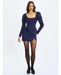 Miss Circle Women's Denise Navy Tweed Ruched Puff Sleeve Mini Dress
