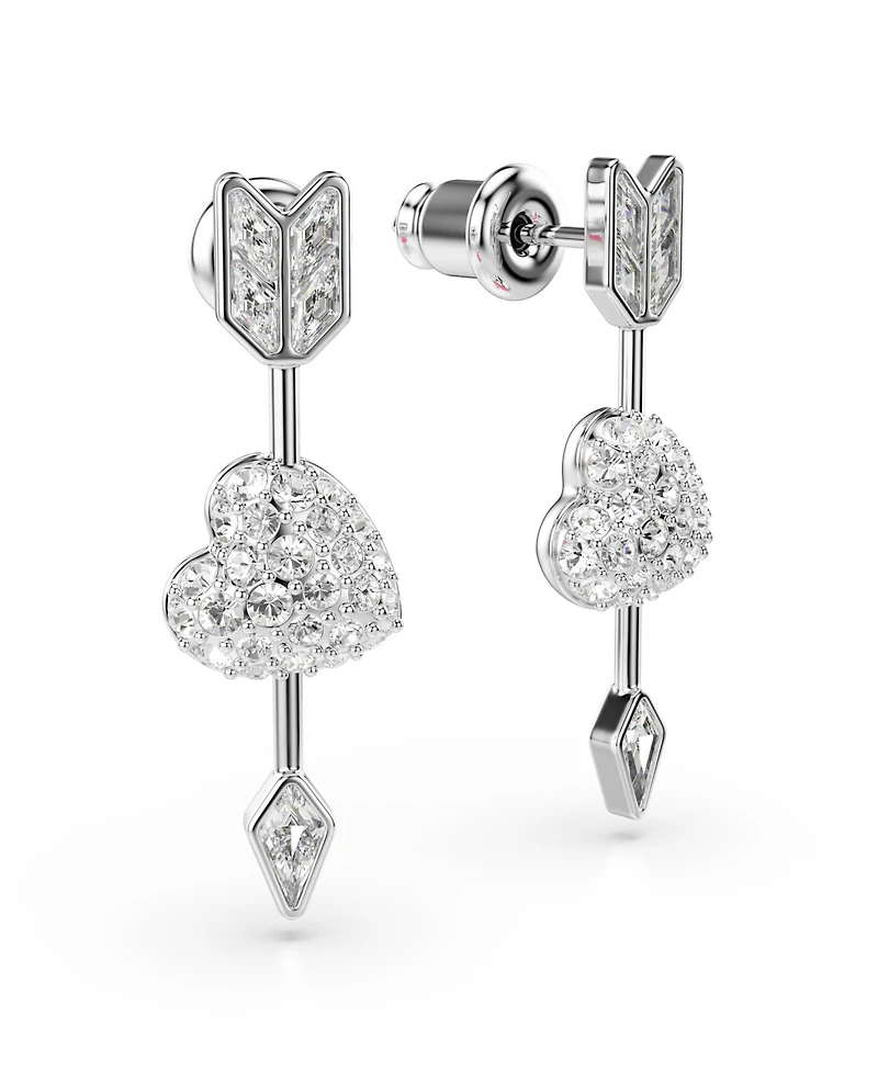 Swarovski Mixed Cuts, Heart with Arrow, White, Rhodium Plated Idyllia Drop Earrings