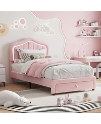 gaomon Twin Led Bed Frame with Storage & Rgb Lights - Upholstered Platform for Kids, Soft Fleece Fabric, No Box Spring Needed