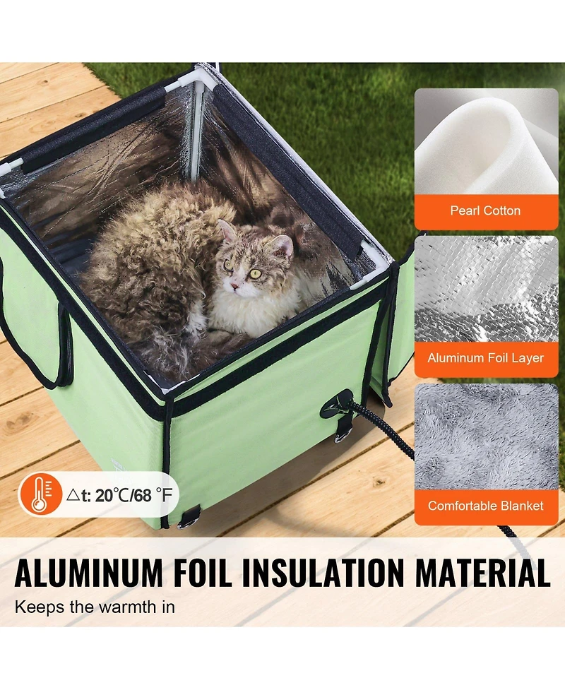 Mecale Elevated Heated Cat House with Timer, Adjustable Temperature, 900D Oxford Cloth Foldable Shelter with Heated Pad, Green, Small