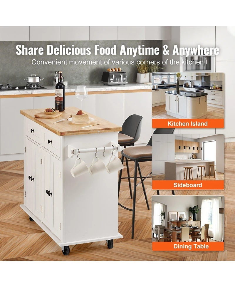 Volenca Kitchen Island Cart, 35.4" Rolling Storage Cart with Solid Wood Top, Drawer & Cabinet