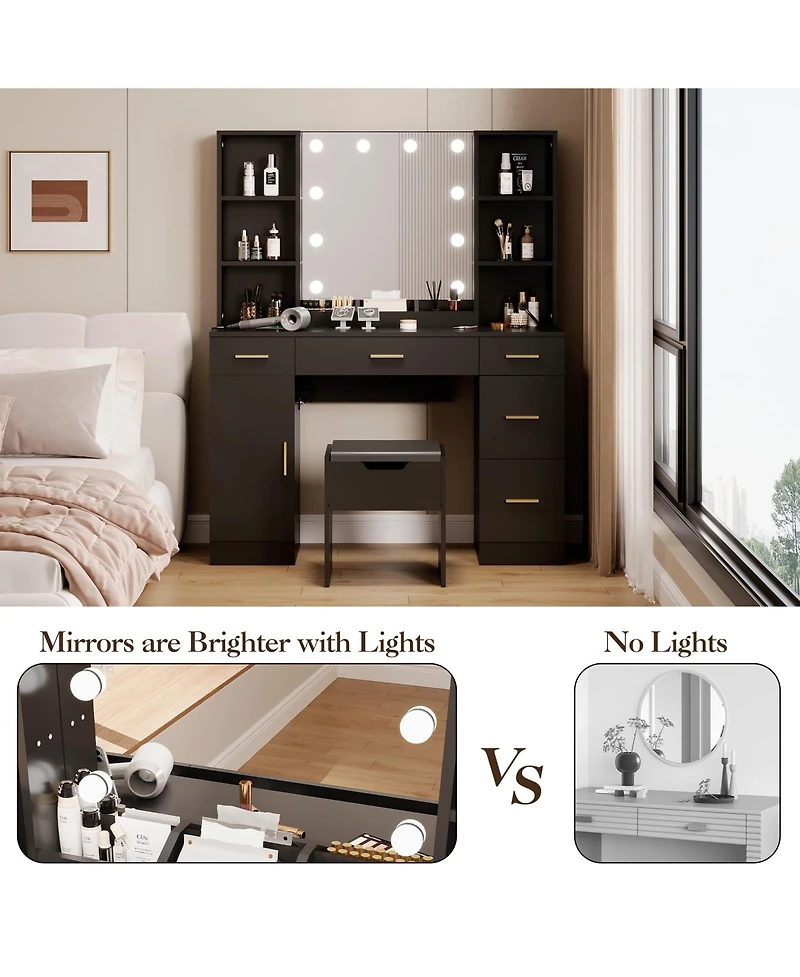 gaomon Farmhouse Vanity Set with Lighted Mirror,56 Inch Modern Makeup Vanity with Charging Station&Storage Shelves