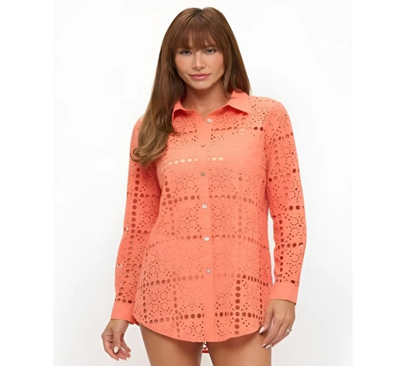 Dotti Women's Eyelet Openwork Dot Long-Sleeve Beach Shirt