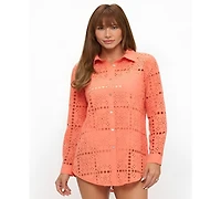 Dotti Women's Eyelet Openwork Dot Long-Sleeve Beach Shirt