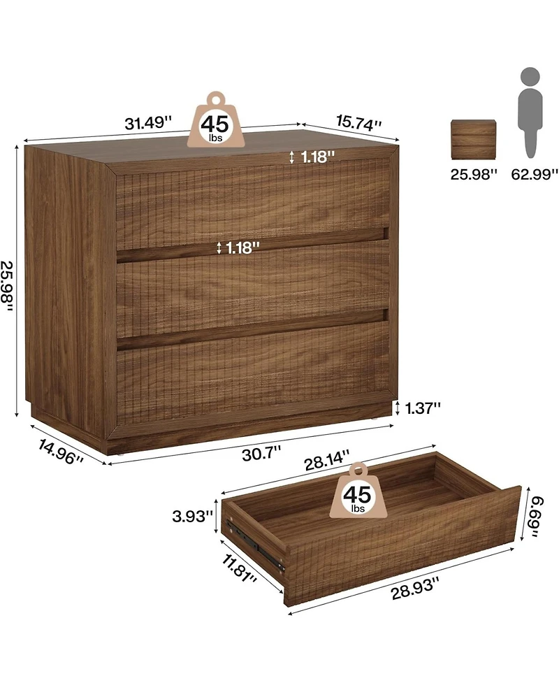 Tribesigns Fluted Nightstand, 31" Wide Night Stand with 3 Storage Drawers, Farmhouse Oversized Bedside Table Modern Large End Side Table