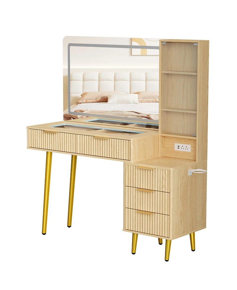 Gaomon 48" Makeup Vanity Desk with Glass Top, Led Mirror & Lights, 5 Drawers, Power Outlet – Modern Fluted Bedroom Design