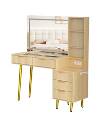 Gaomon 48" Makeup Vanity Desk with Glass Top, Led Mirror & Lights, 5 Drawers, Power Outlet – Modern Fluted Bedroom Design