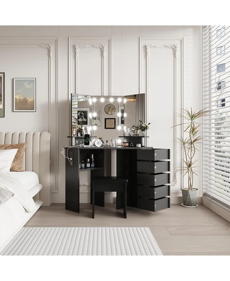 gaomon Farmhouse Vanity Desk with Mirror and Lights,Modern Makeup Vanity with Charging Station